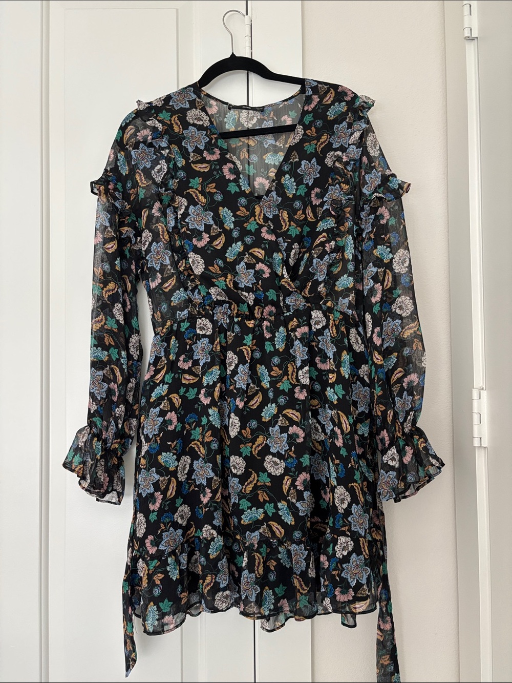 Mango Black Floral Sheer Ruffle Mini Dress